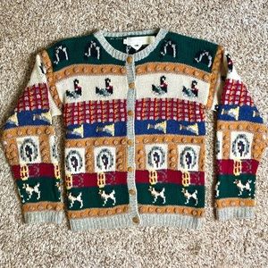 Vintage EAGLE’S EYE Wool cardigan sweater hand knit 80’s animals chunky holiday